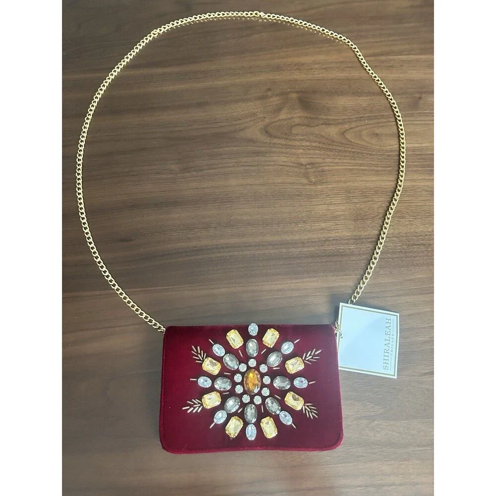Shiraleah Burgundy Beaded Embroidered Starburst clutch Bag Gold Chain Strap new